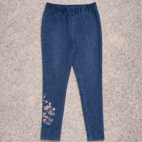 Soft Surroundings Embroidered Floral Stretch Pull On Jeggings Denim Jeans Pants - Picture 4 of 9